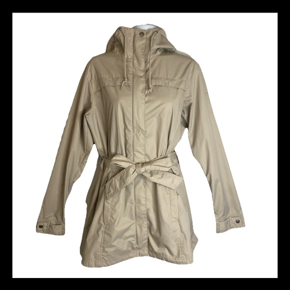 Columbia Women's size M Tan Hooded Trench Rain Coat Jacket full Zip Belted - Picture 1 of 14